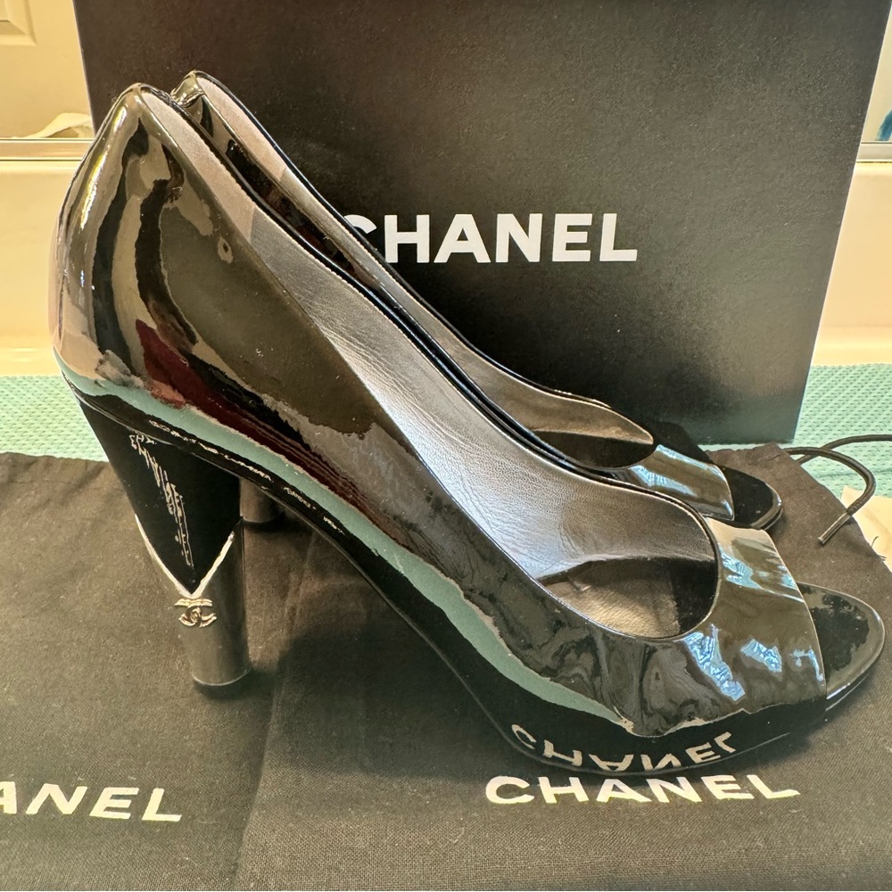 Authentic CHANEL Black patent peep toeHeels with silver like new box/ receipt - Picture 7 of 16